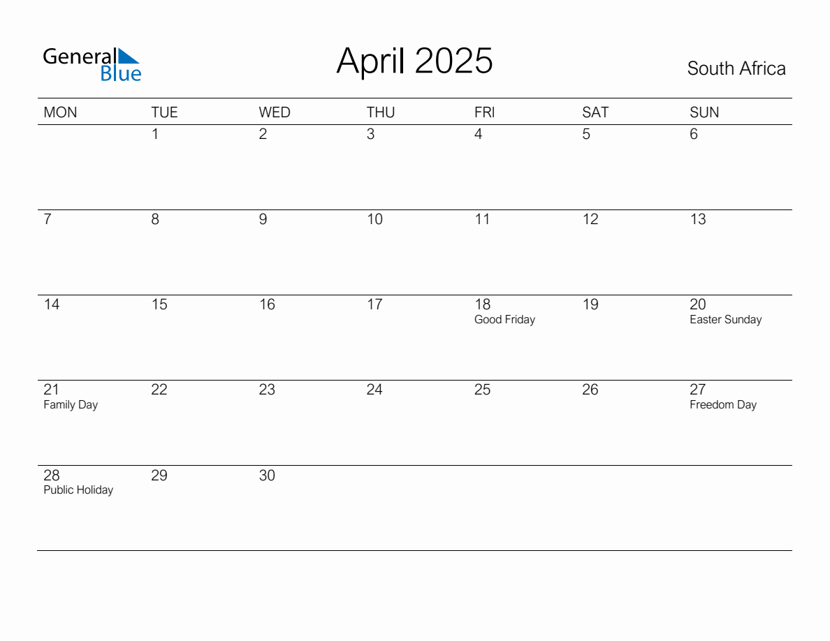 Printable April 2025 Monthly Calendar with Holidays for South Africa