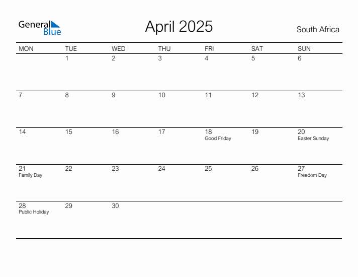 April 2025 South Africa Monthly Calendar with Holidays