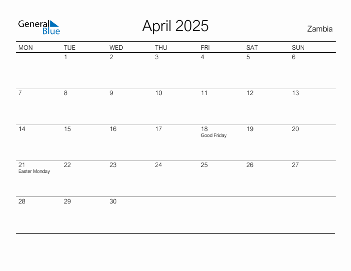 Printable April 2025 Calendar for Zambia