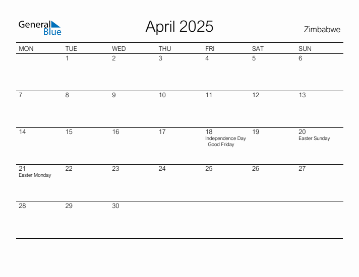 Printable April 2025 Calendar for Zimbabwe