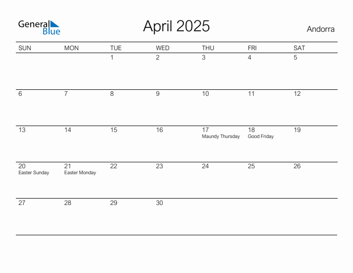 Printable April 2025 Calendar for Andorra