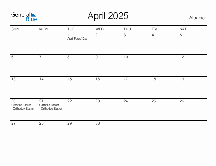 Printable April 2025 Calendar for Albania