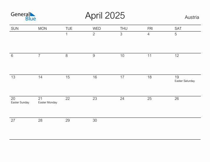Printable April 2025 Calendar for Austria