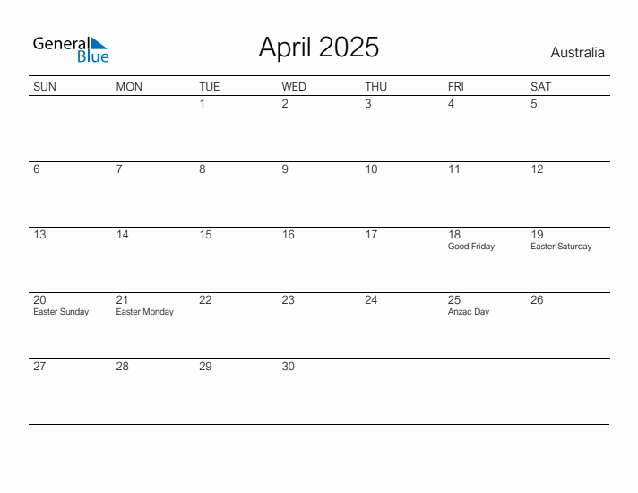 Printable April 2025 Calendar for Australia