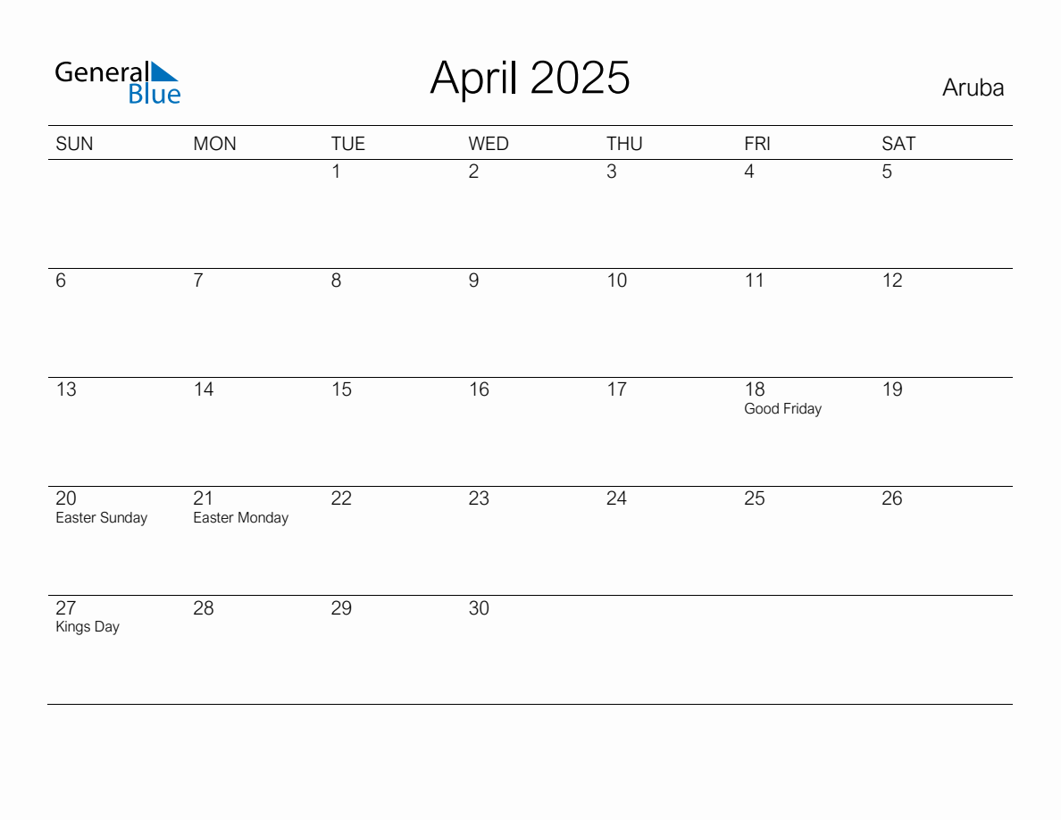 Printable April 2025 Monthly Calendar with Holidays for Aruba