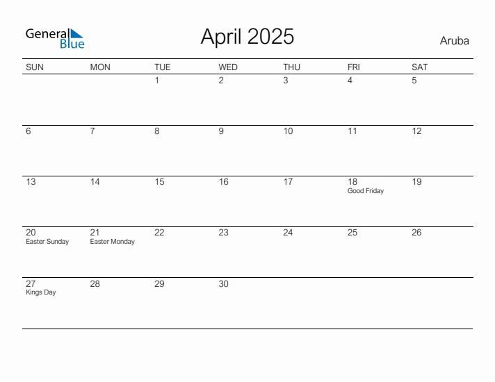 Printable April 2025 Calendar for Aruba
