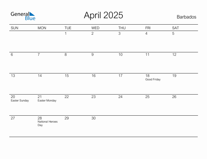 Printable April 2025 Calendar for Barbados