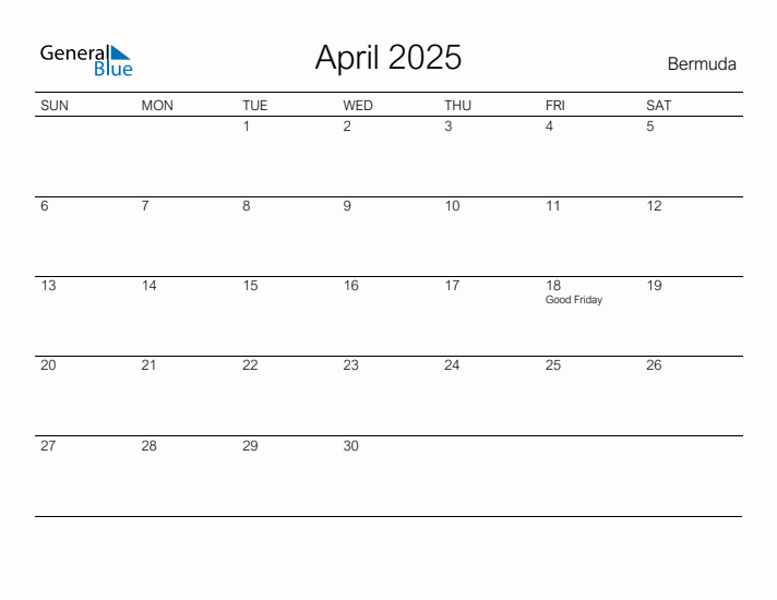 Printable April 2025 Calendar for Bermuda