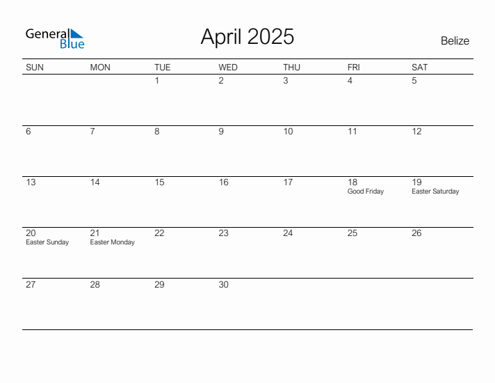 Printable April 2025 Calendar for Belize