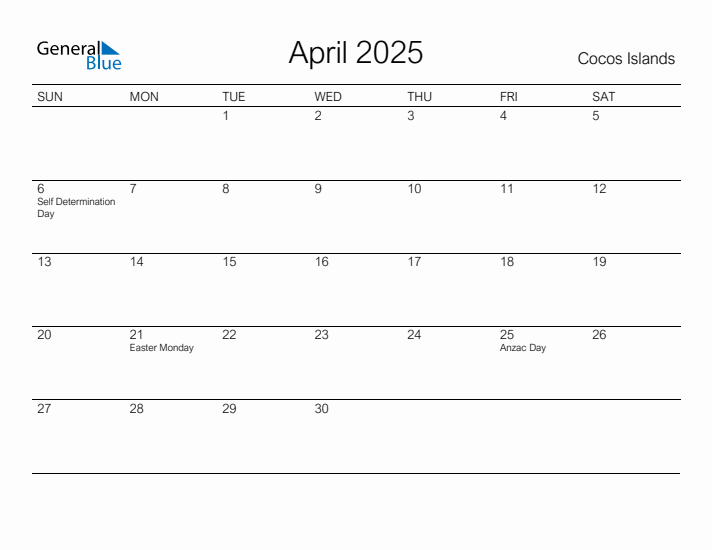 Printable April 2025 Calendar for Cocos Islands