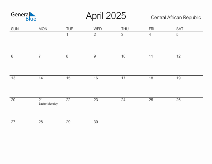 Printable April 2025 Calendar for Central African Republic