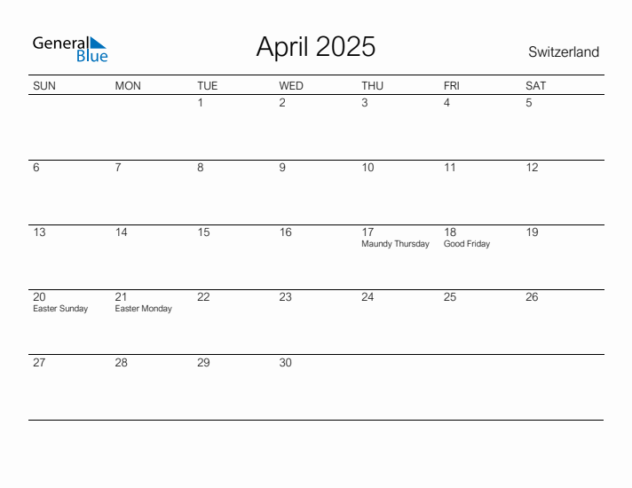 Printable April 2025 Calendar for Switzerland