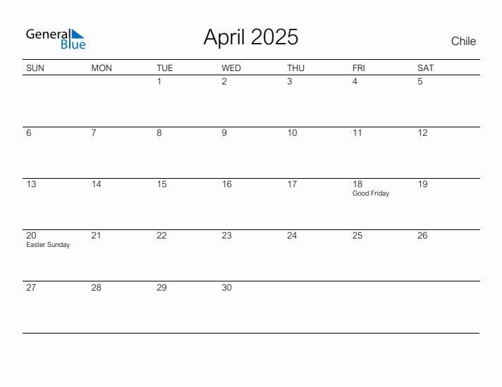 Printable April 2025 Calendar for Chile