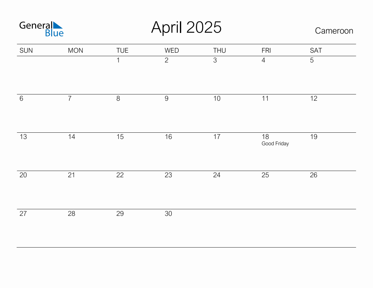 Printable April 2025 Monthly Calendar with Holidays for Cameroon