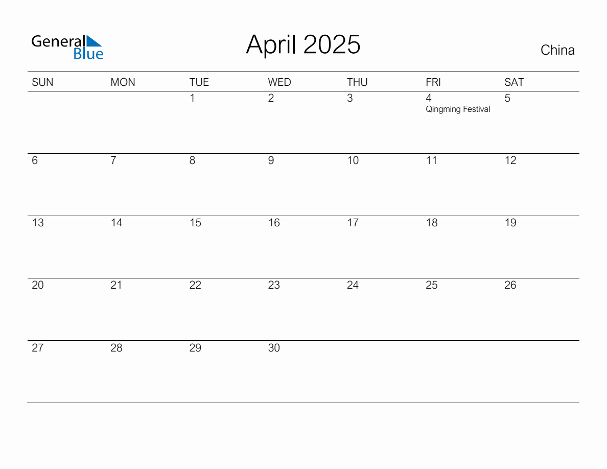 Printable April 2025 Monthly Calendar with Holidays for China