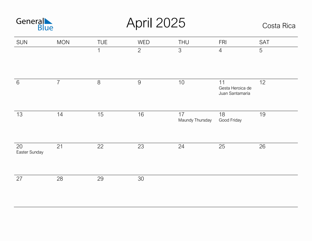 Printable April 2025 Monthly Calendar with Holidays for Costa Rica