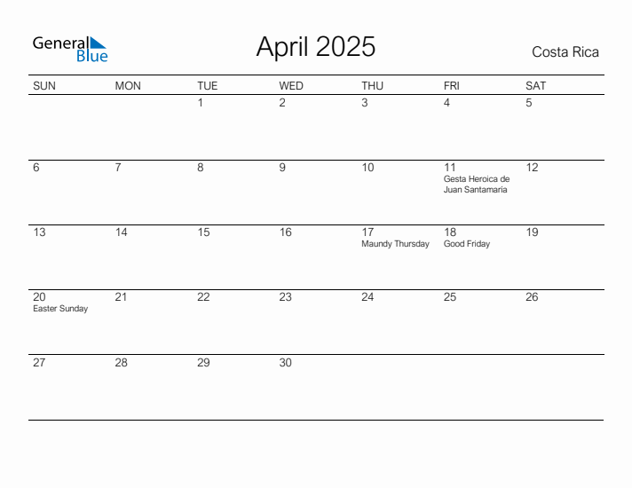 Printable April 2025 Calendar for Costa Rica