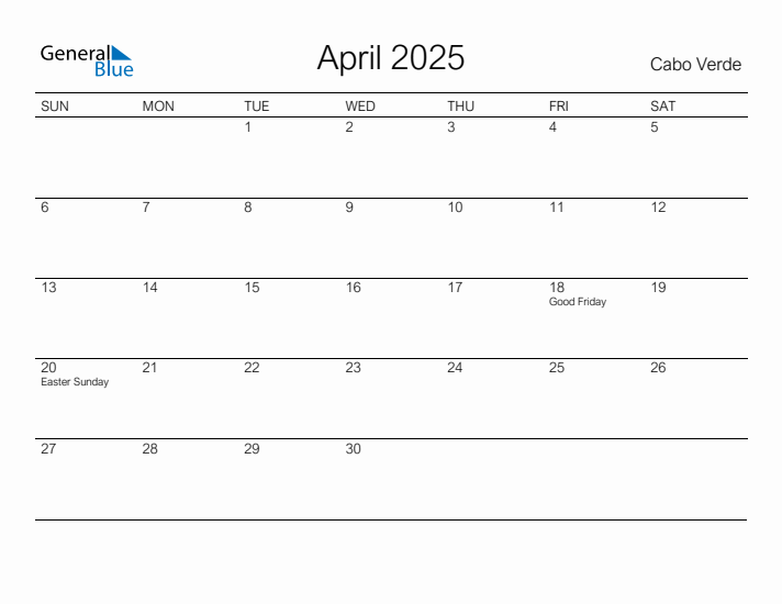 Printable April 2025 Calendar for Cabo Verde