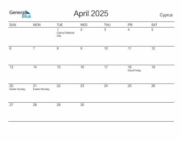 Printable April 2025 Calendar for Cyprus