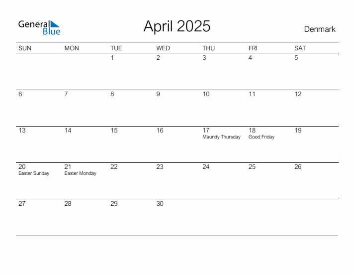 Printable April 2025 Calendar for Denmark