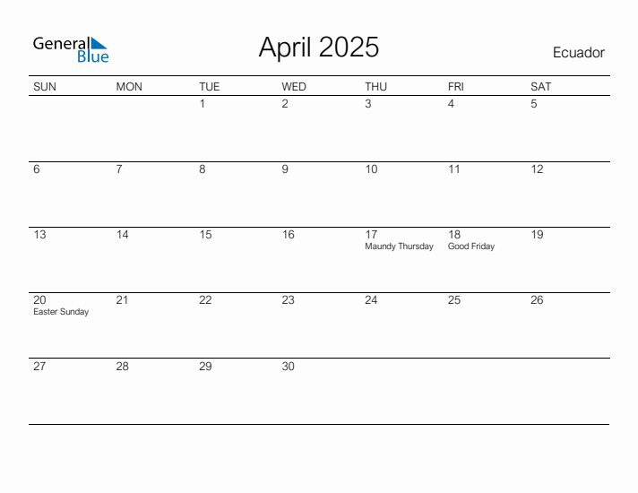 Printable April 2025 Calendar for Ecuador