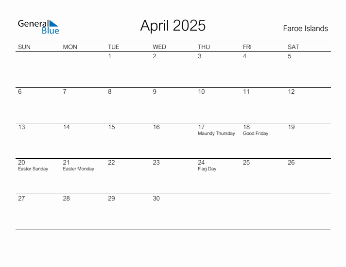 Printable April 2025 Calendar for Faroe Islands