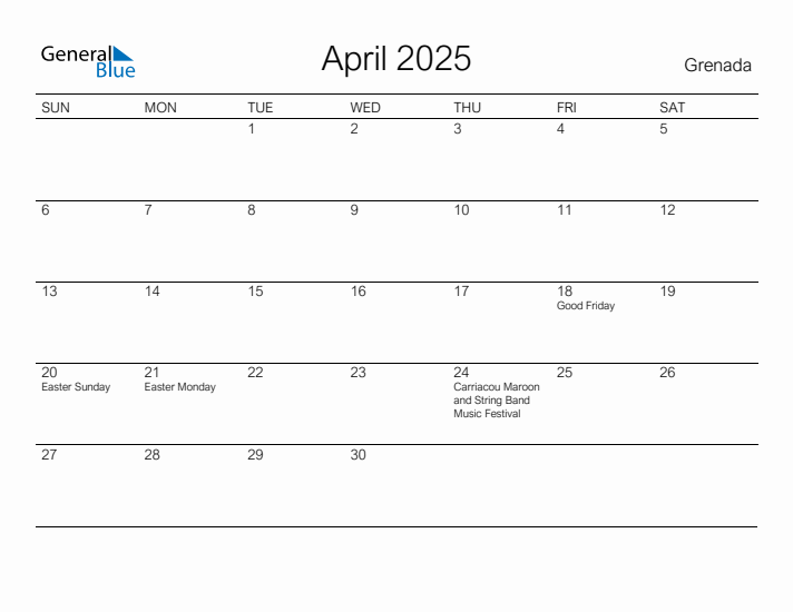 Printable April 2025 Calendar for Grenada