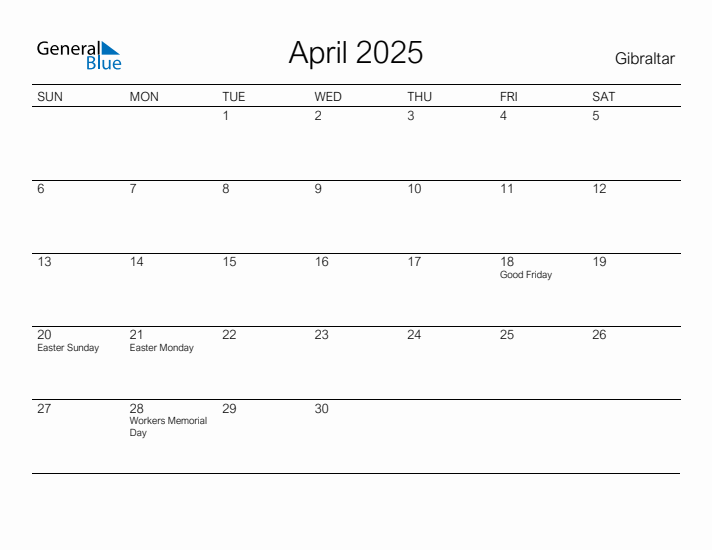 Printable April 2025 Calendar for Gibraltar