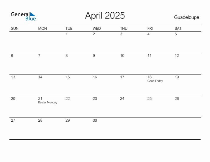Printable April 2025 Calendar for Guadeloupe