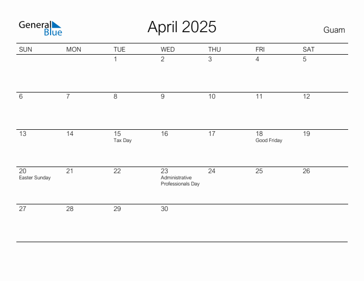 Printable April 2025 Calendar for Guam