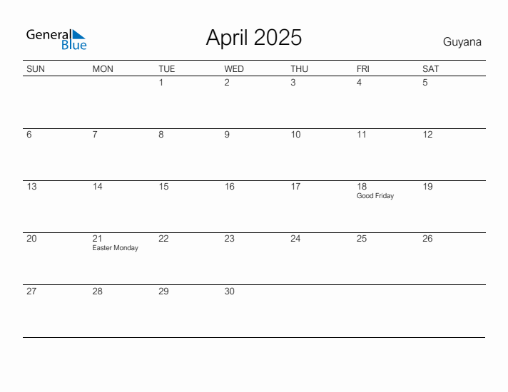 Printable April 2025 Calendar for Guyana