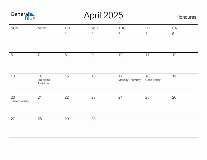 Printable April 2025 Calendar for Honduras