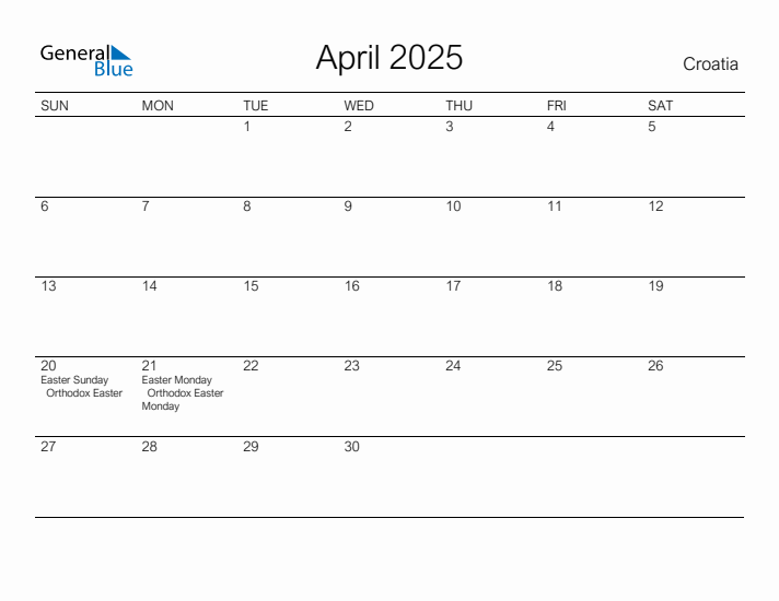 Printable April 2025 Calendar for Croatia