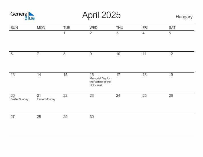 Printable April 2025 Calendar for Hungary