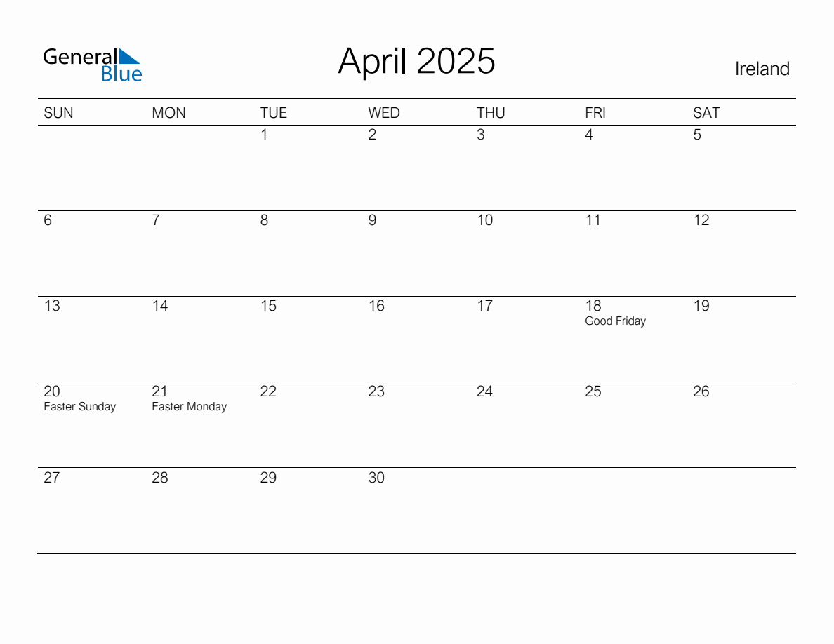 Printable April 2025 Monthly Calendar with Holidays for Ireland