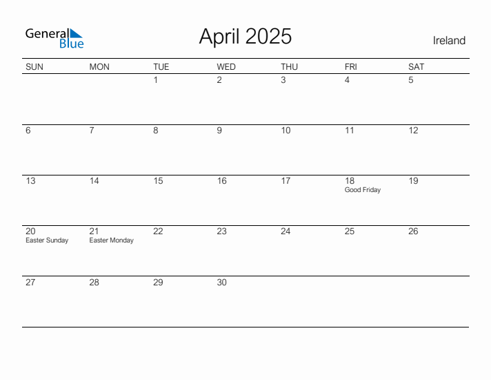 Printable April 2025 Monthly Calendar with Holidays for Ireland