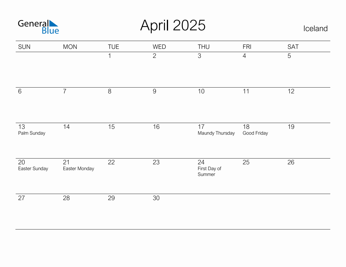 Printable April 2025 Monthly Calendar with Holidays for Iceland