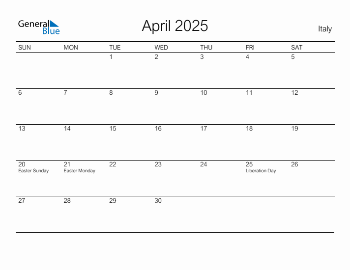 Printable April 2025 Calendar for Italy
