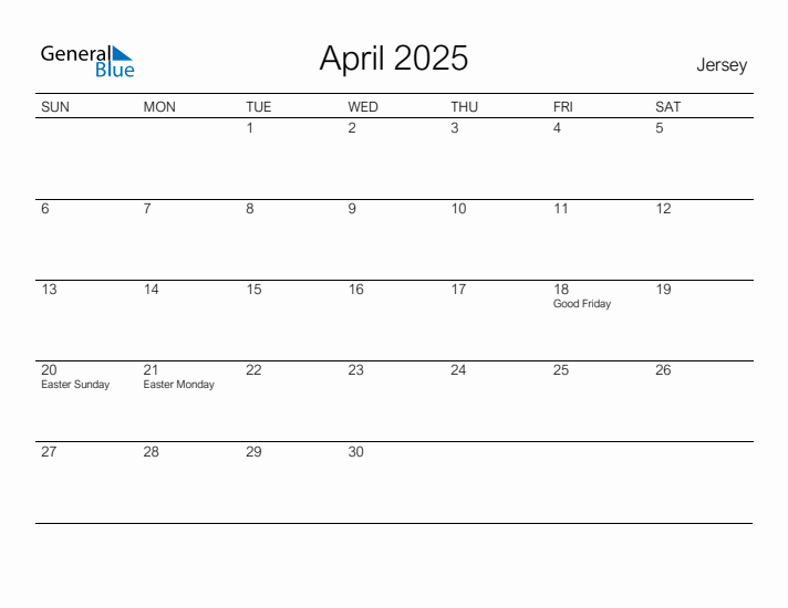 Printable April 2025 Calendar for Jersey