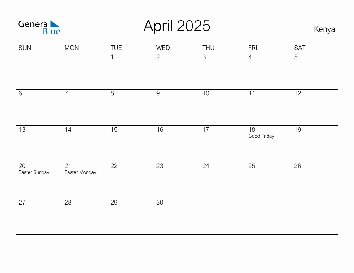 Printable April 2025 Monthly Calendar with Holidays for Kenya