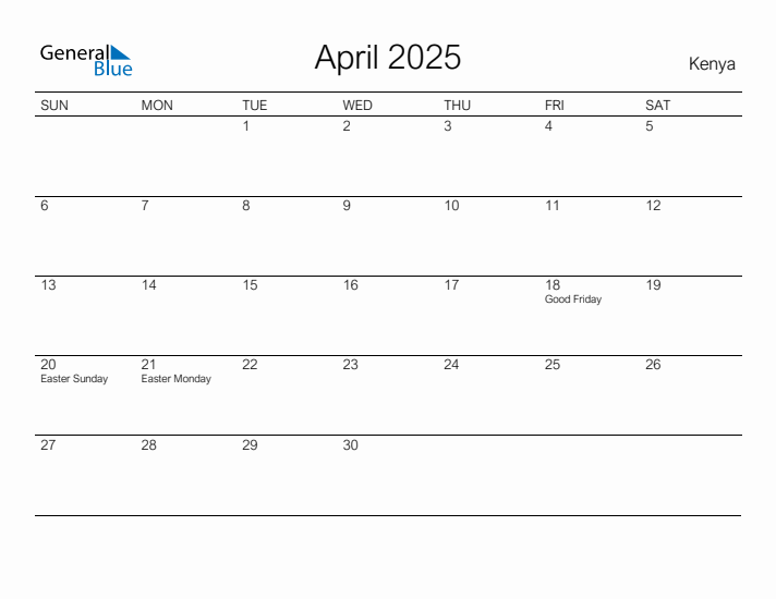 Printable April 2025 Monthly Calendar with Holidays for Kenya