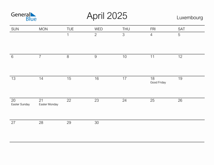 Printable April 2025 Calendar for Luxembourg