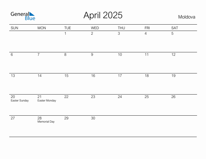 Printable April 2025 Calendar for Moldova