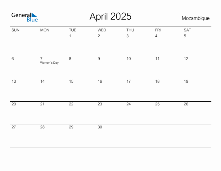 Printable April 2025 Calendar for Mozambique