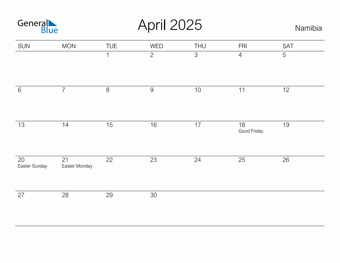 Printable April 2025 Monthly Calendar with Holidays for Namibia