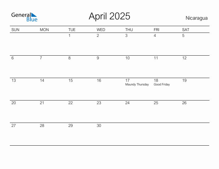 Printable April 2025 Calendar for Nicaragua