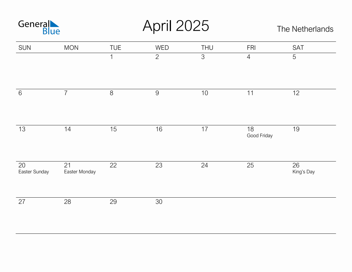 Printable April 2025 Monthly Calendar with Holidays for The Netherlands