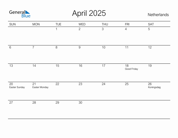 Printable April 2025 Calendar for The Netherlands