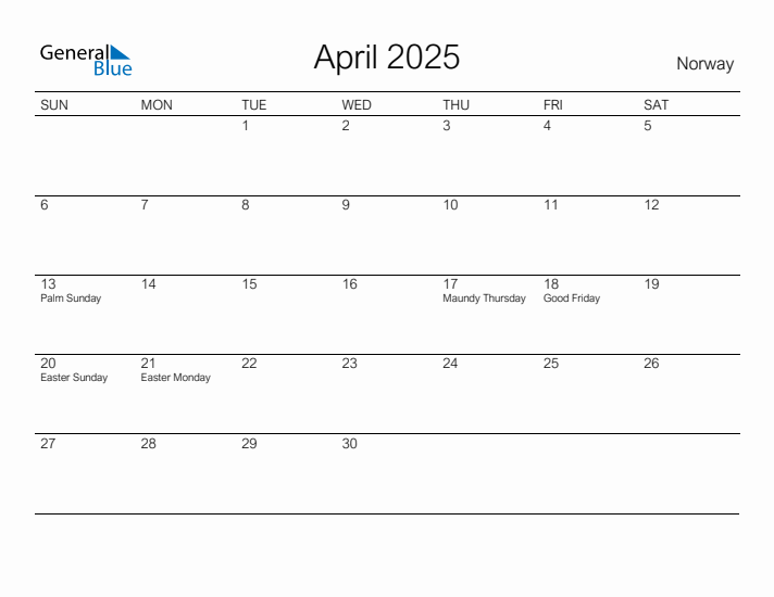 Printable April 2025 Calendar for Norway