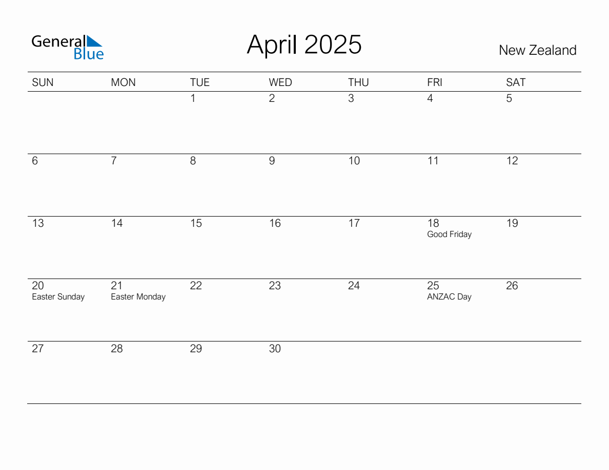 Printable April 2025 Monthly Calendar with Holidays for New Zealand